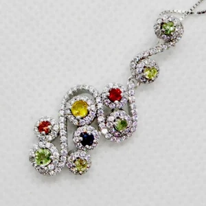 Multicolor Saphir CZ Anhänger Kette 925 Silber 585 Weißgold vergoldet 38 x 14 mm - Bild 1 von 6