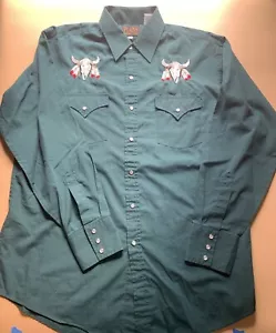 Vintage Plains Pearl Snap Shirt Cow Skull Embroidery Large Hunter Green - Bild 1 von 9