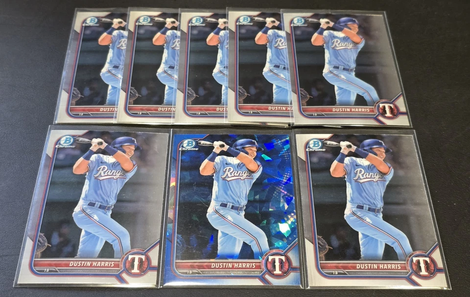 (8) DUSTIN HARRIS RC 2022 Bowman Chrome w/ Sapphire #BCP-190 RANGERS - Image 1 of 1