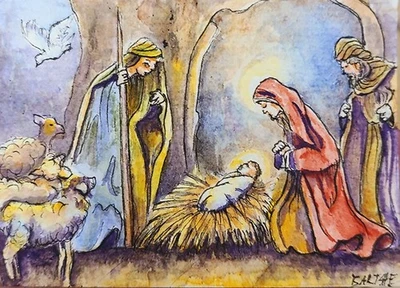 ACEO Original Painting OOAK - Away In The Manger - Bartshe - Image 1 of 2