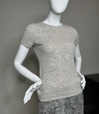 Camiseta suéter Bloomingdale’s cachemir 100 % lentejuelas gris mujer talla XS/2 Foto 1 de 4