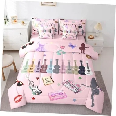 Music Fans Guitar Comforter Set Size Music Themed Bedding Full Pink Purple - Image 1 of 4