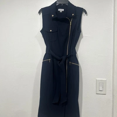 New Calvin Klein Elegant Women's Navy Blue Crepe Moto Style Sheath Dress  size 8 - Image 1 of 4