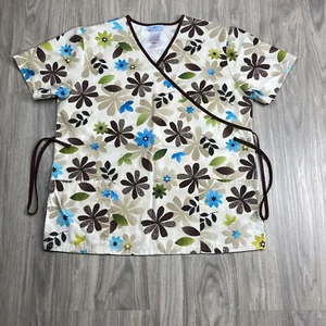 SB Scrubs Top Womens XLarge Beige Brown Floral Pockets Medical Nurse Dental Vet - Picture 1 of 12