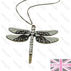 GROSSE EMAILLE/KRISTALL LIBELLE Charm Anhänger HALSKETTE lang BOHO Vintage Messing - Bild 1 von 4
