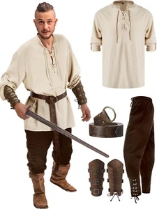  4Pcs Halloween Men's Costume Set Shirt Ankle Banded Pants Viking Accessories - Picture 1 of 19