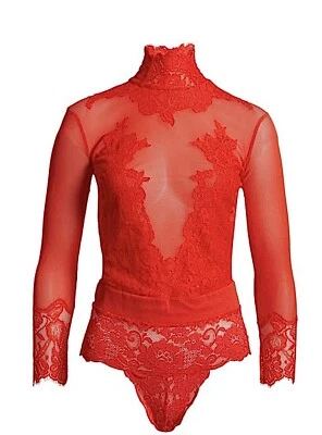 We Are HAH Take Bow Lace Turtleneck Bodysuit In Blood Orange Size Medium - Image 1 of 4