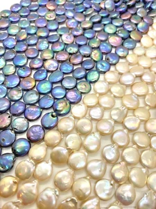 Natural Fresh Water Coin Pearls White/Peacock 12-13mm 16in. Strands - Picture 1 of 5