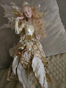 Gold Leaf Fairy Porcelain Ceramic Figurine , Cloth Skirt, Wild Hair 11 " Glitter - Picture 1 of 8