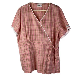 UA Scrubs Scrub Top Pink Plaid Mock Wrap Side Tie No Size Tag See Measurements - Picture 1 of 6