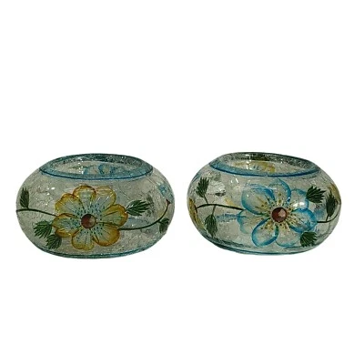 Yankee Candle Co. Crackle Glass Blue Floral Tealight Candle Holder 2pc. Set - Image 1 of 4