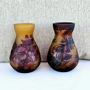 Vintage French Pair Tip Galle Cameo Frosted Glass Vases - Picture 1 of 14