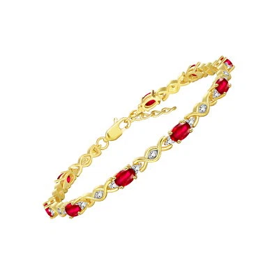 RYLOS RUBY & DIAMOND TENNIS BRACELET YELLOW GOLD PLATED SILVER 7-8"  - Image 1 of 4