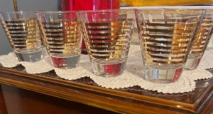 Vtg 5 MCM Shot Glasses Barware Gold Stripe - Picture 1 of 5