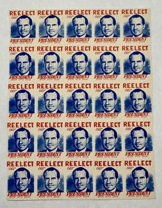 1972 Re-elect Richard Nixon Picture Campaign Unperforated Stamp Sheet of 25 - Picture 1 of 1