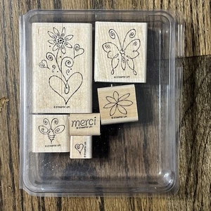 NEU Stampin Up Merci 6er Set Holzstempel Herz Schmetterling Biene - Bild 1 von 4