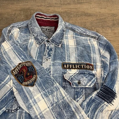 Camisa de mezclilla a cuadros Affliction negra premium para hombre talla grande *LEER*/DEFECTOS* B8 Foto 1 de 4