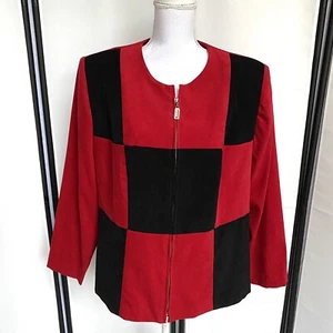 Jessica Howard Vintage Damen Gr. 16 durchgehender Reißverschluss Blazer Top rot schwarz kariert ColorBlock E4 - Bild 1 von 11