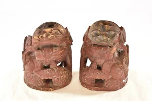 Pair Antique Chinese Red Wooden Carved Statue of Fu / Foo Dog Lion, 19th c - Picture 1 of 6