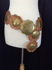 VINTAGE Wide Leather STATEMENT Belt Brass CONCHO MEDALLIONS Made in Moroco