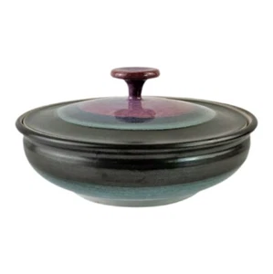 Vintage Mid Century Art Pottery Lidded Bowl Purple Teal Turquoise Signed - Picture 1 of 11