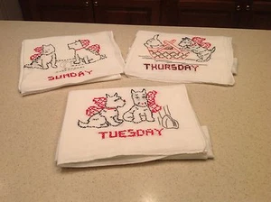 Vintage Embroidered Dish Towels Scottie Dogs Days Of Week Sun Thurs Tues CLEAN - Picture 1 of 12
