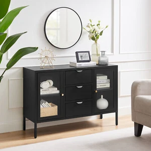 Kafe Black Metal Sideboard Modern Industrial 1920s Storage Tempered Glass Doors - Picture 1 of 6