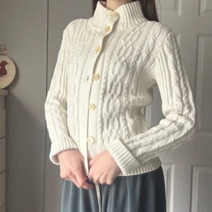 Vtg American Living Women's White Cable Knit Sweater Large Buttons up Cardigan - Picture 1 of 12