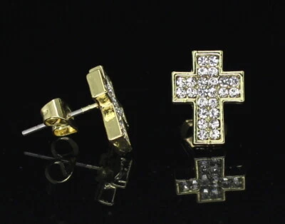 Men Women Cross CZ Earrings Stud Gold Plated Hip Hop Fashion Stainless Steel - Image 1 of 4