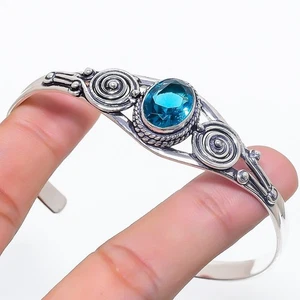 London Blue Topaz Gemstone Handmade 925 Sterling Silver Adjustable Cuff Bracelet - Picture 1 of 1