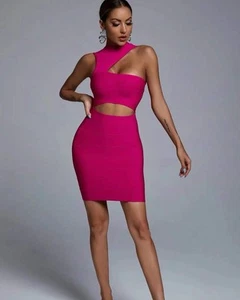 Cut Out Mini Dress Hot Pink Bandage Bodycon Club Sexy - Picture 1 of 12