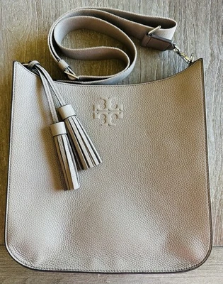 Tory Burch Thea Web Crossbody Bag Pebbled Leather Grey Shoulder Purse Large - Image 1 of 4