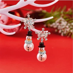 Shiny Rhinestone Snowflake Snowman Shaped Pendant Earrings Jewelry Women Gift - Picture 1 of 13