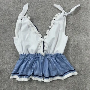 Free The Roses crop top donna cravatta spalla media bianco blu a righe nappa - Foto 1 di 12