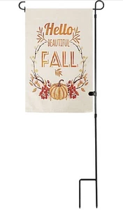 NEW 12” x 18” Burlap Flag Hello Beautiful Fall Autumn Complete w/ Flag Poles - Picture 1 of 5