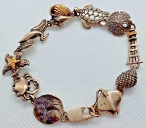 Seashore, Beach, Shells Ten Charm Sterling & 14k Bracelet, AE - MAKE OFFER! - Picture 1 of 21