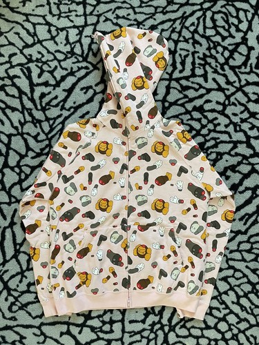 A BATHING APE (BAPE) Felpa con cappuccio BAPE x KAWS dissezionata cerniera intera rosa taglia M media