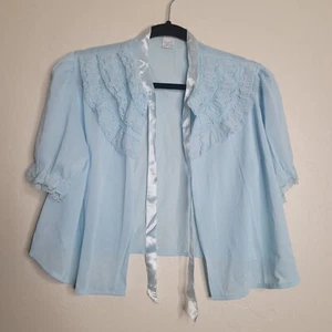 Penney’s Adonna Blue Ruffle Lace Coquette Bed Jacket Tie Ribbon Size Large - Picture 1 of 5