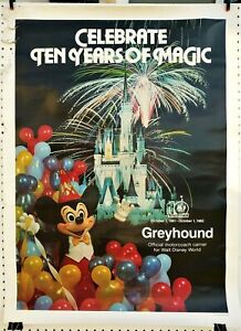 Rare DISNEY WORLD TRAVEL POSTER Greyhound Bus 10 years 1971-1981 Mickey Mouse
