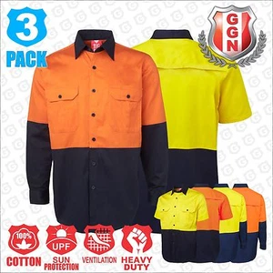 3x HI VIS SHIRTS SAFETY COTTON DRILL LONG SHORT SLEEVE Workwear Air Vents Orange - Picture 1 of 33