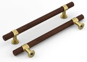 10-PACK MCM Inspired Wood & Gold Cabinet Pulls, 6-1/4” Hole Center NEW/SEALED - Picture 1 of 6