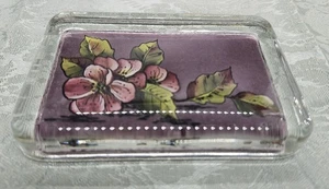 Vintage rechteckiger lila Blumen Glas Briefbeschwerer - Bild 1 von 5