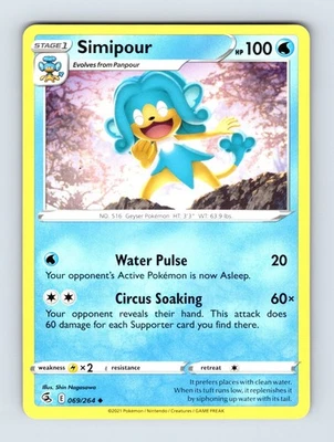 Simipour SWSH08: Fusion Strike Uncommon Non Holo 069/264 Pokemon NM/LP Card - Image 1 of 2