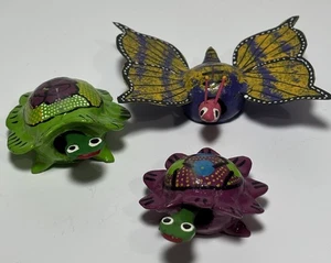 Lot/3 Turtles Butterfly Loose Neck Bobbing Head Handpainted Wood Mexico EUC - Picture 1 of 6