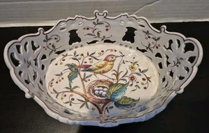 Outeiro Agueda Ceramic Basket Floral Bird Lattice Bowl Signed EUC  - Picture 1 of 6