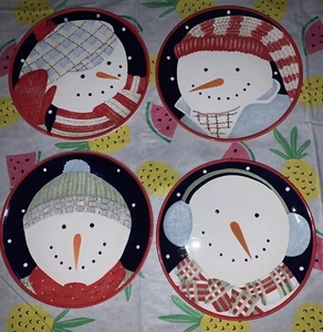 Debbie Mumm Christmas SNOWMAN PORTRAITS Set of 4 Salad Dessert Plates 8.25” - Picture 1 of 7