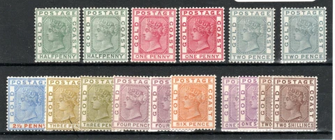 Gold Coast 1884-91 values to 2s + shades MH Cover