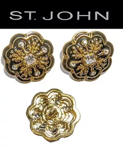 St John Knits Gold Tone Black Enamel Ice Crystal Floral Replacement Buttons - Picture 1 of 1
