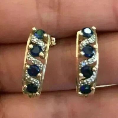 2.0Ct Round Cut Simulated Blue Sapphire Huggie Earrings 14K Yellow Gold Plated - Image 1 of 4
