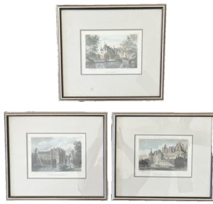 3 antike Gravuren handkoloriert französische Schlösser doppelt mattiert gerahmt 15” x 13” - Bild 1 von 10